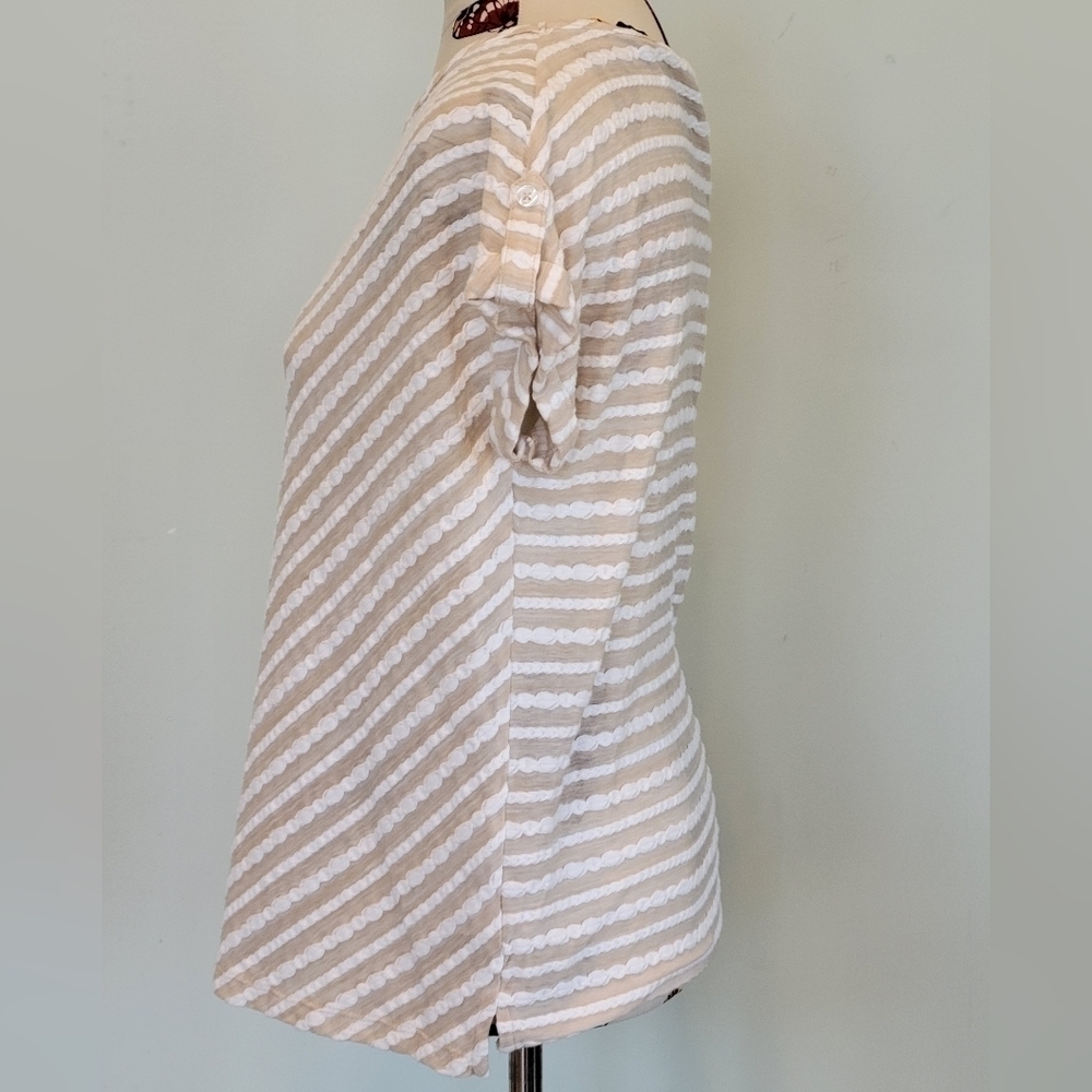 𝅺emma JAMES tan and white striped short sleeve top size Large - Picture 2 of 7
